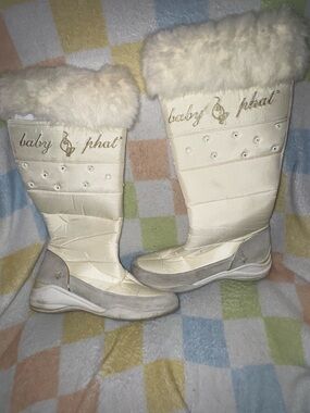 Baby Phat y2k Cream Faux-Fur Knee-High Winter Boots